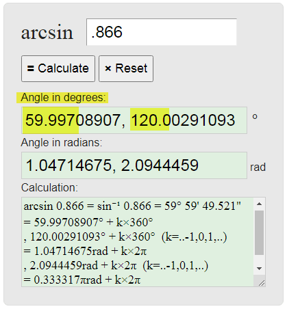 حاسبة المثلث arcsin