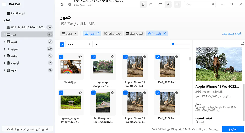 تحديد الملفات المراد استعادتها