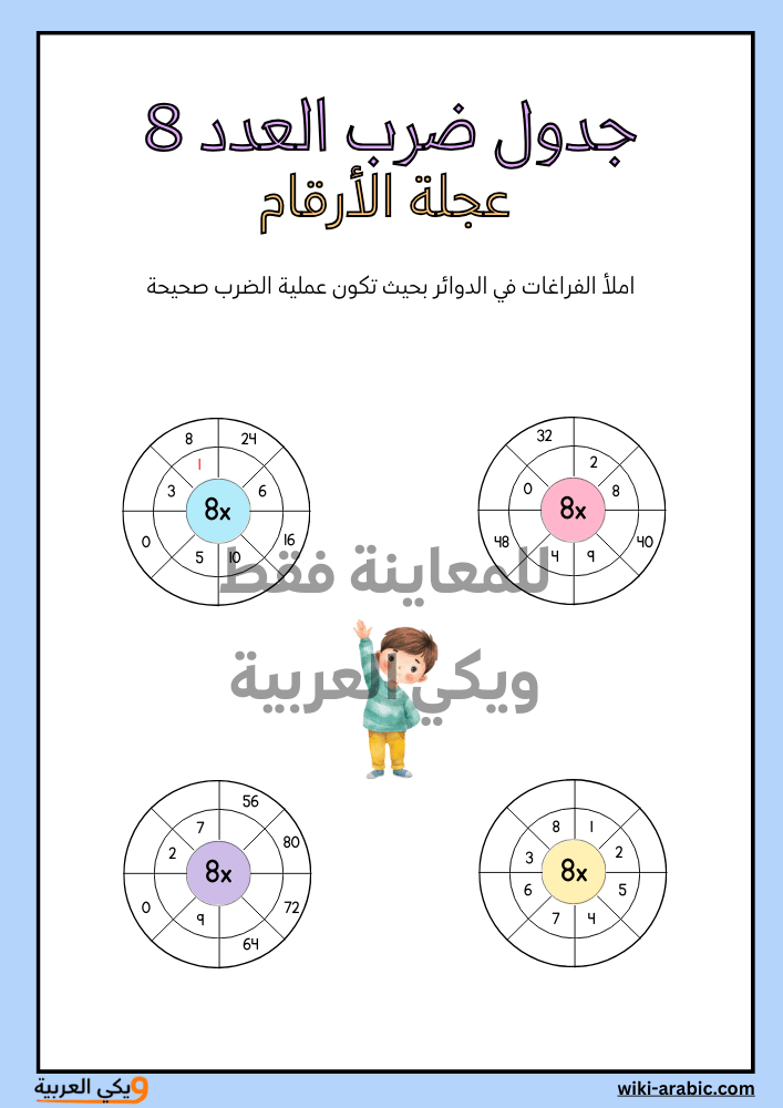 أوراق عمل جدول الضرب PDF للرقم 8 بنظام العجلة التفاعلية
