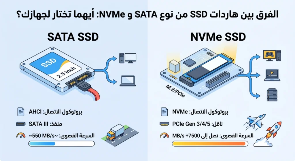 الفرق بين هاردات SSD من نوع SATA و NVMe