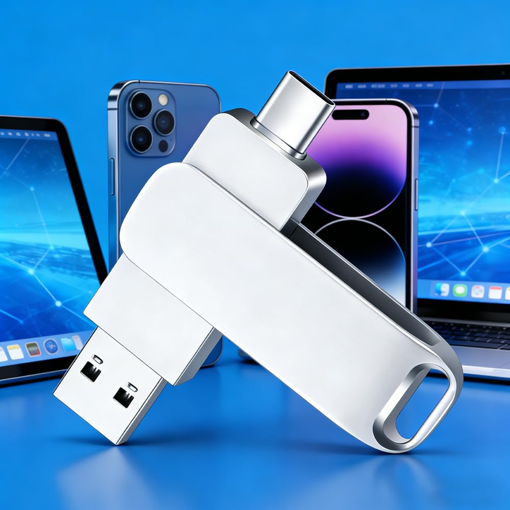 محرك فلاش USB 2.0 نوع سي مزدوج سعة 64 جيجابايت، ذاكرة فلاش USB نوع سي بهيكل معدني دوار (فضي فاتح)