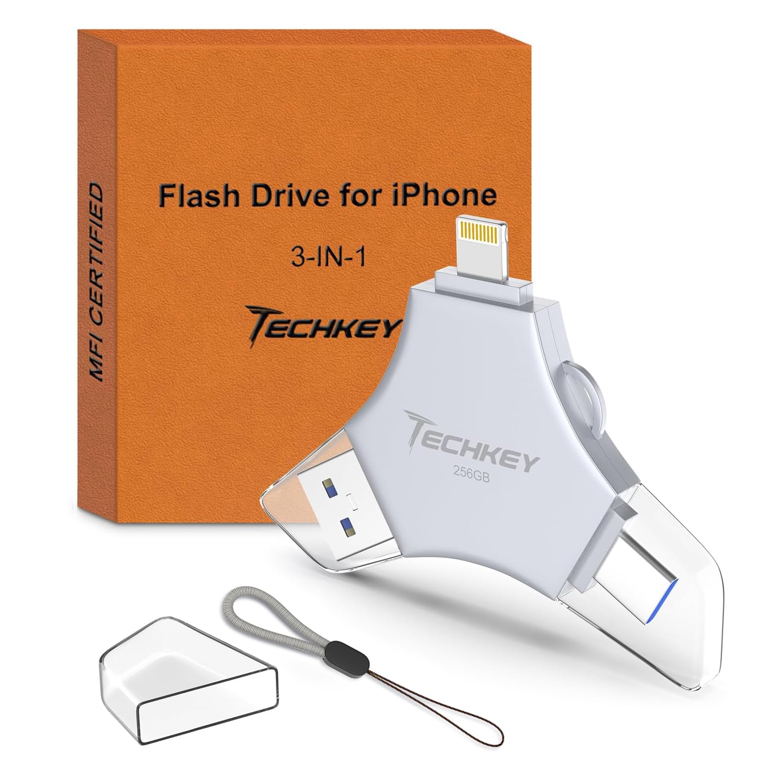 ذاكرة فلاش USB 3.0 لايفون 256 جيجابايت: ذاكرة خارجية 3 في 1 معتمدة من ام اف اي لتخزين الصور والفيديو وتوفير البيانات والنس...