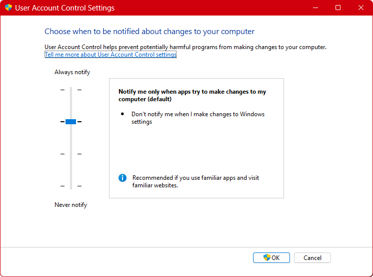 User Account Control settings