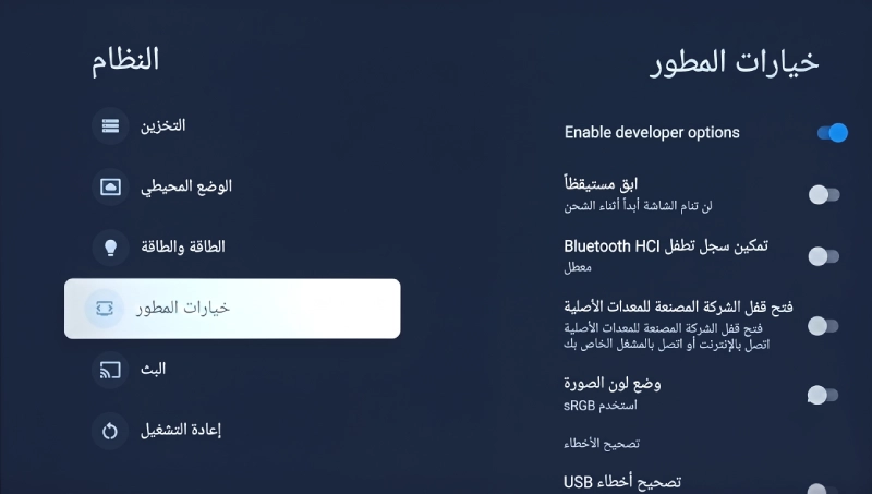 شاشة خيارات المطور في تلفزيون سمارت اندرويد